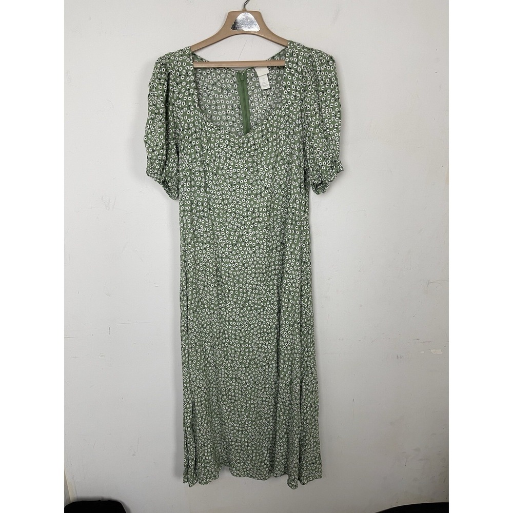 H&M Womens Dress Large Cottage Puff Sleeve Maxi Ditsy Microfloral‎ Long Green